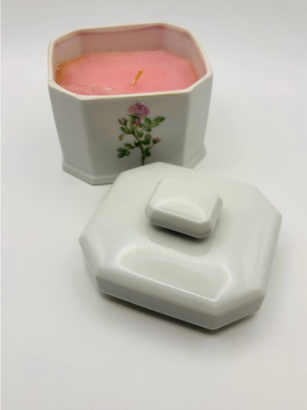 Vtg Merle Norman Pink Scented Candle in Octagonal Porcelain Jar